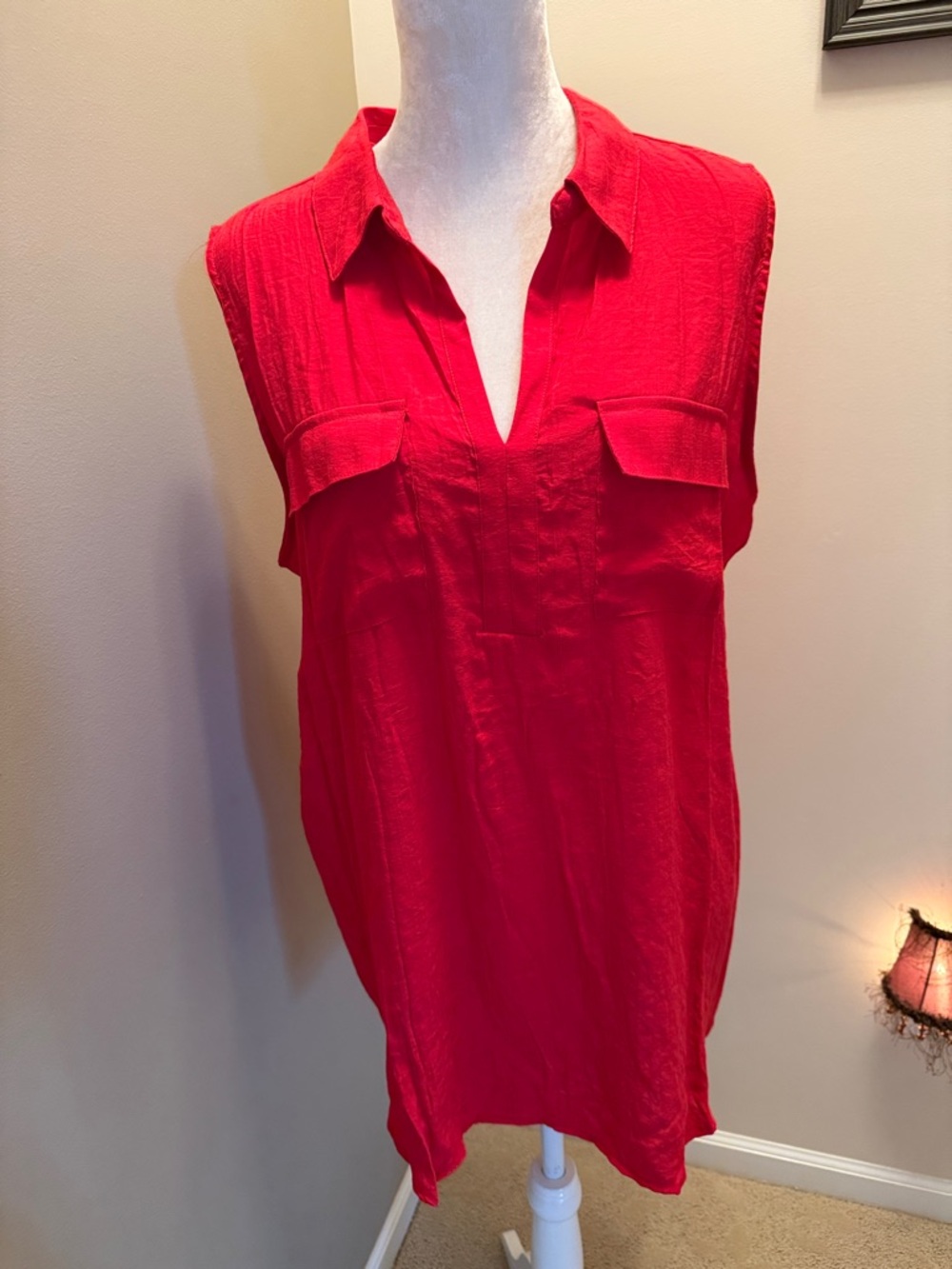 Notations Sleeveless V-Neck Tunic in Bright Red with Chest Flaps